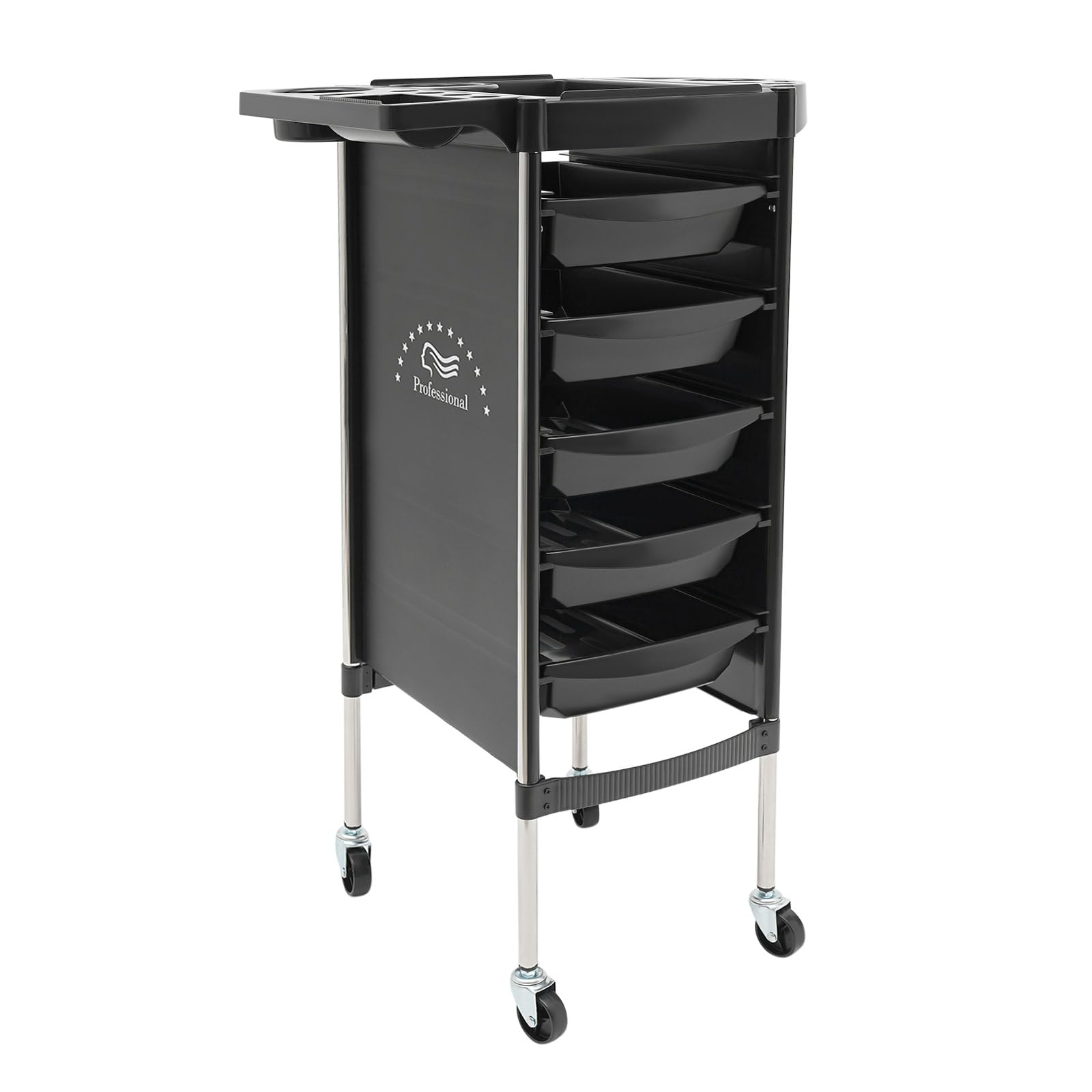 Carrito de peluquería con ruedas para salón de belleza, con 6 niveles, con 5 cajones extraíbles, con ruedas, para estilista, peluquería, peluquería, color negro