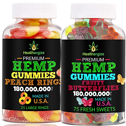 Healthergize Premium Hemp Gummies Butterflies and Peach Bundle-Best Tasting Natural Organic Hemp Oil-Bursting Full Flavor for Calm, Muscles, Sleep, Relax, Party,-Made in USA-2 Pack