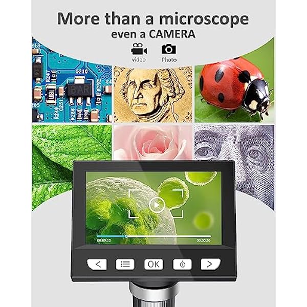 Microscopio Digitale, Microscopio Elettronico Portatile da 4,3 Pollici 1080P con 8 luci LED Regolabili, Microscopio USB 50-1000X per bambini/adulti, Vista PC, Compatibile Windows/MacOS