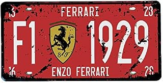 NGFR PEI's Tin Sign Ferrari F1-1929 Auto License Plate, Embossed Tag Size 6" X 12" (red-Antiqued)