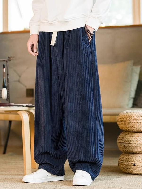 Men's Casual Trousers, Ultra-Relaxed Fit, Ribbed Corduroy, Bell-Bottom Style, Wide-Leg Straight Cut for Fall/Winter Blue
