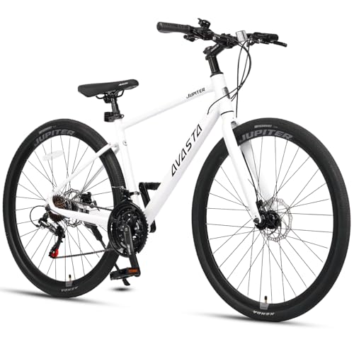 AVASTA 700C Road Adult Step-Over Gravel Hybrid Bike Bicycle for Men Woman Male Female, Lightweight Aluminum Alloy Frame with 21-Speed Gearing for City Commuting, Dual Disc Brakes, 19 inch Frame, White