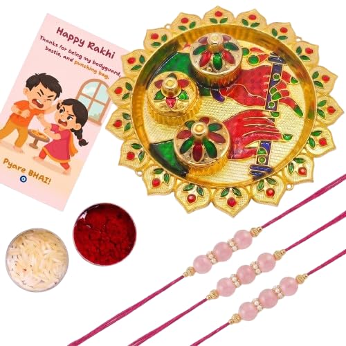 Image of Pink Beaded Rakhi for Brother with Greeting Card, Roli Chawal | Premium Pearl Stone Designer Rakhi | Raksha Bandhan Gift for Brother