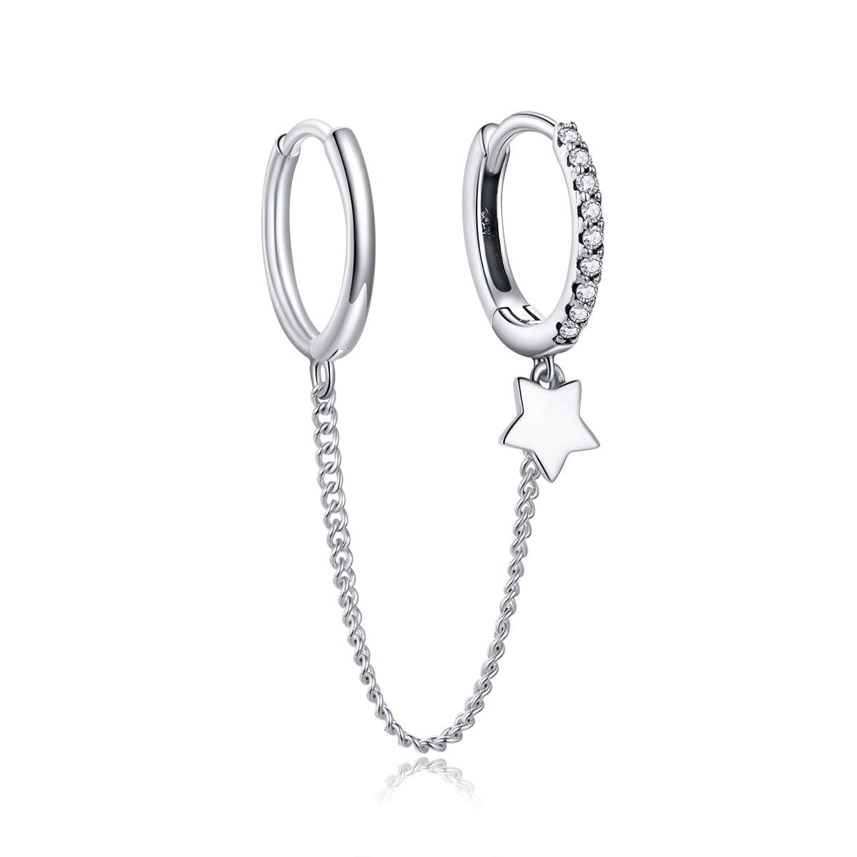 Qings Pendientes de Aro Negros Punk Rock - Pendientes de Aro Doble de Plata Esterlina Mini con Circonita Cúbica Negra Pendientes de Doble Orificio Regalo Colgante de Estrella (Solo Un Lado)