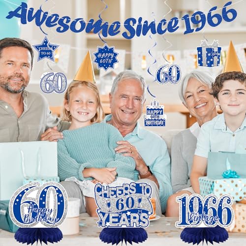 Image of Crenics Blue 1966 60th Birthday Decorations for Men or Women | Happy 60th Birthday Banner, Awesome Since 1966 Banner, Honeycomb Centerpieces and Hanging Swirls for 60 years old Party Suppl