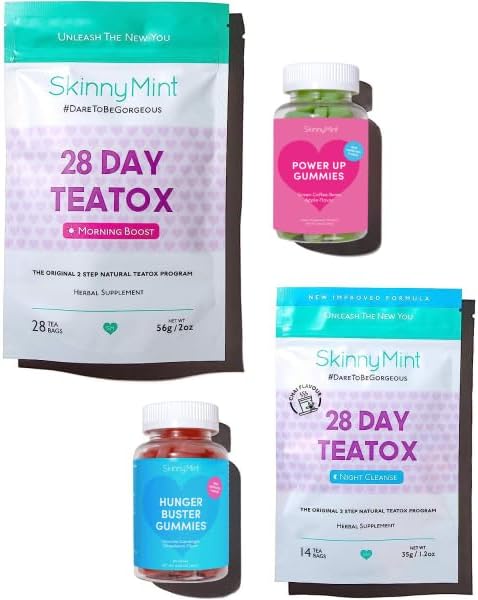 SkinnyMint Paquete de desintoxicación gomitas súper grasa (120 gomitas) y 28 días Ultimate Teatox (42 bolsas de té). Desintoxicación y frenar los