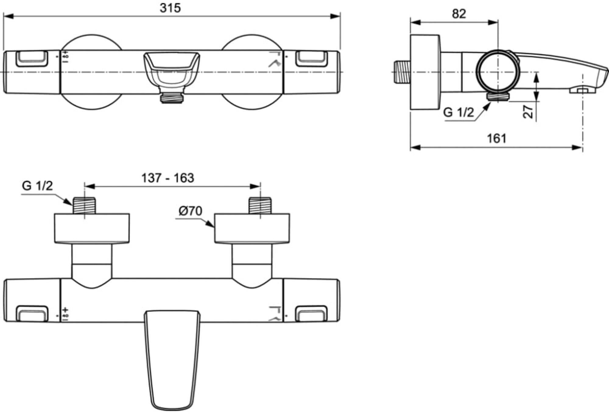 CERATHERM T25 | Grifo de baño AP 315 x 185 x 70 mm, distancia vertical de 161 mm hasta caño medio en negro, 22 l/min (3 bar) | Función termostato, ahorro de agua y ahorro de energía, CoolBody, bloqueo