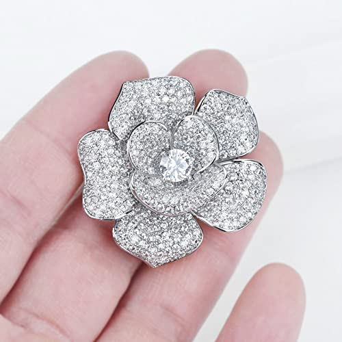 Image of Elegant Crystal Blooming Rose Flower Brooch Lapel Pin Breastpin for Women Birdal Cardigan Hat Scarf Suit Sweater Floral Pins