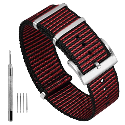 Ayadoo Stripe Nylon Watch Bands, Sport One-Piece Watch Strap Compatible With 20mm Replacement, Black & Red with Silver Buckle