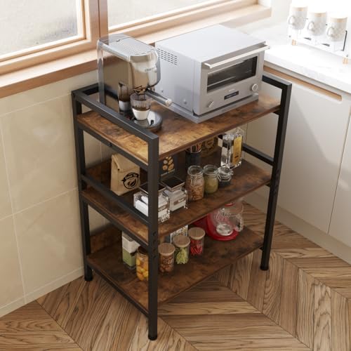 Image of HOME CUBE 3-Tier Metal Storage Shelf with Wooden Shelves, Kitchen Organizer Rack, Microwave Stand, Bookshelf, Standing Shelf Units, Multipurpose Storage Rack for Living Room, Office, Garage, Shops