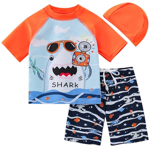 AIWUHE Toddler Boys Swimsuit Set Two Piece Shark Bathing Suit Boys' Swimwear Trunk and Rashguard Set 2-7Y