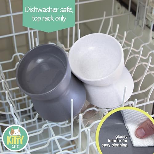 Image of Kitty City Elevated Cat Bowls (Set of 2), Whisker-Friendly Raised Cat Food & Water Dishes, Modern Pedestal Design, Dishwasher Safe, 10.8 oz Each - White & Gray