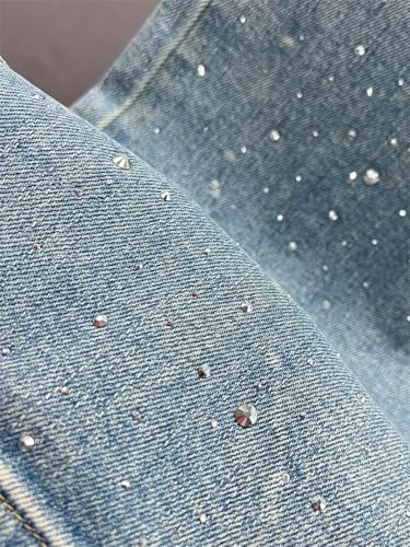Women's High Waist Washed Rhinestones Jeans Summer Loose All-Matching Straight-Leg Pants2