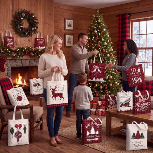 Image of Paterr 12 Pcs Christmas Canvas Tote Bags Bulk Reusable Red Black Buffalo Plaid Christmas Gift Bags with Handles Xmas Tree Reindeer Truck Canvas Handbags for Women Xmas Gifts Farmhouse Party Decor