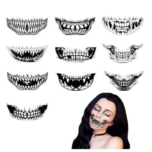 YEJAHY 10 pezzi di tatuaggi facciali Halloween, accessori horror, decorazione horror costume Halloween per donne, bambini, uomini, adesivi tatuaggi adulti, trucco Halloween