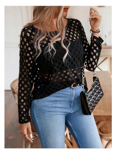 Verdusa Women's Plus Size Hollow Out Sheer Sweaters Long Sleeve Knit Pullovers Tops2