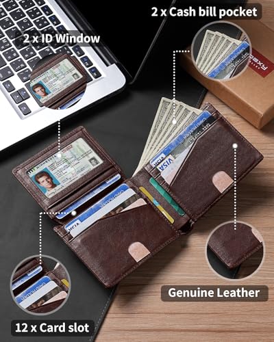 Image of Artpaxy Mens Wallet Bifold Genuine Leather RFID Blocking Wallet for Men with 2 ID Windows 12 Card Holders 2 cash pockets 1 Gift Box