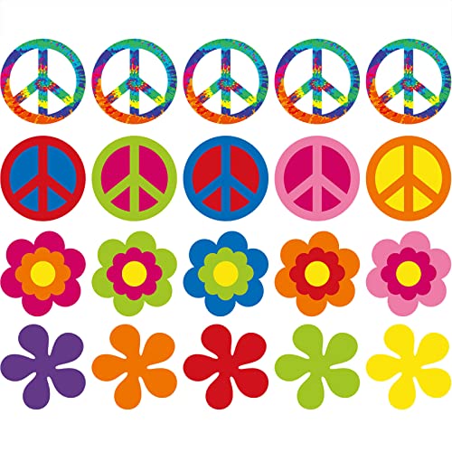 Faccito 40 Pieces 60's Party Cutout 60's Groovy Party Cutouts Decoration Retro Flower Cutouts Peace Sign Cutouts with Glue Point Dots for 60s Theme Party Decorations, 7.9 x 7.9 Inch