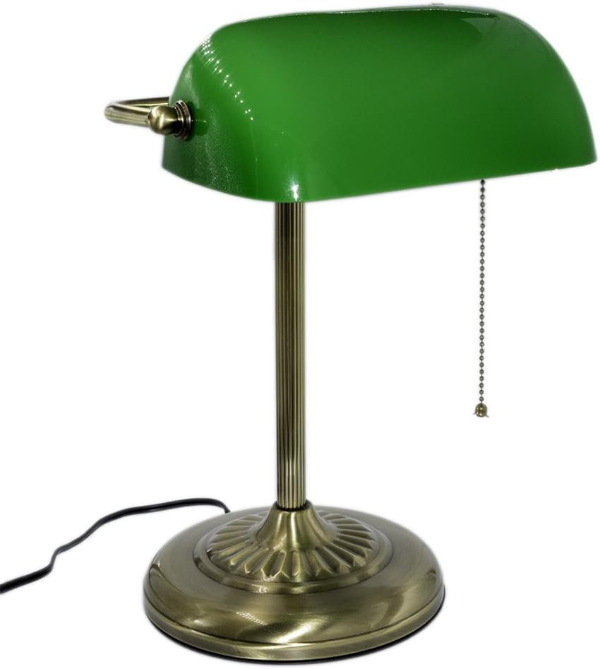 RUDY Bankers Desk Lamp 15"H, Green Glass Shade with Brushed Gold Finish Straight Brass Base