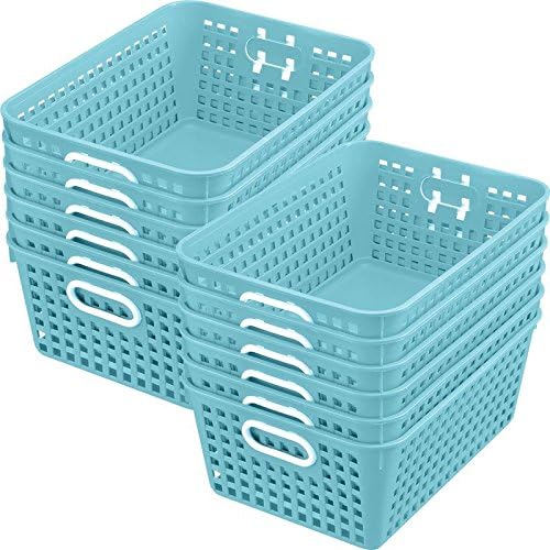 Really Good Stuff160016WA Multi-Purpose Plastic Storage Baskets for Classroom or Home Use - Stackable Mesh Plastic Baskets with Grip Handles 13" x 10" (Water - Set of 12)
