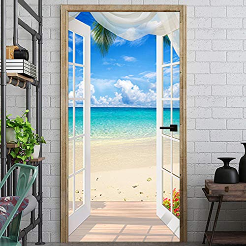 3D Door Wallpaper,3D Door Murals Peel And Stick,2Pcs Waterproof Decal Villa Sea View Door Wallpaper For Home Decoration Bedroom Living Room Bathroom Stair-30.3"X78.7" #TOP2