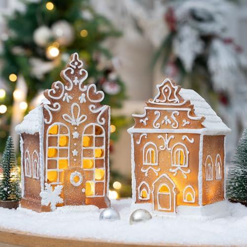 FTEJUWJ 2Pc Christmas Gingerbread Village House Gingerbread Figurines Table Decorations Resin Xmas Gingerbread House Christmas Pre Lit LED Village Figurines Home Decor.