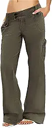 Calça cargo feminina, cintura baixa, perna larga, casual, folgada, com bolso e aba