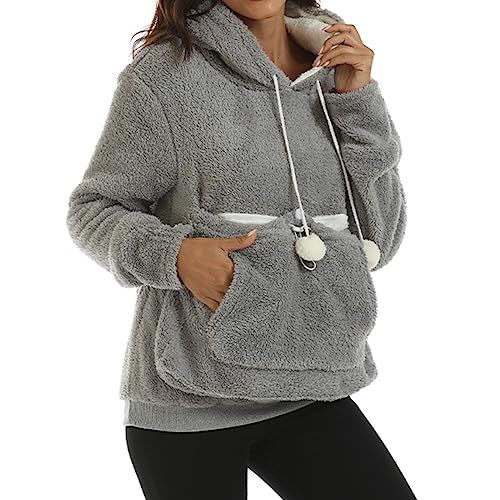 Damen Pullover Kapuzenpullover mit Katzen Hund Tasche Hundetasche Katze Große Größen Sweatshirt Pulli Hoodie Kapuze Katzenpulli Beutel Langarm Herbst Winter mit Reißverschluss