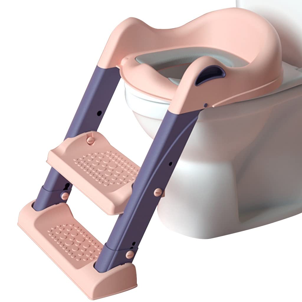 Reducteur Toilette avec Marche Mignon Réglable Siège Toilette avec Escalier avec Garde-Boue, Salle De Bain Pliable Reducteur WC avec Escalier avec Dossier, Porteur 50kg