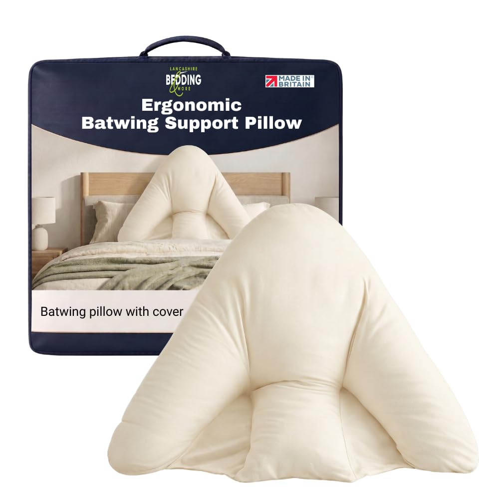 Lancashire Bedding Luxury Batwing Pillow with Polycotton Cream Pillowcover - Orthopedic Back, Neck, Shoulder Support | Soft Fluffy Cushion | Hollowfiber Filled 72 X 84 Cm Bed Pillow