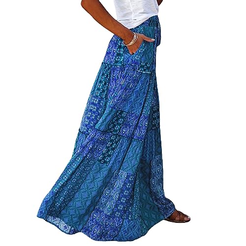 Women's Retro Print Maxi Skirt Boho Floral High Waist Split A Line Midi Skirt Vintage Lace-Up Long Skirt Streetwear3