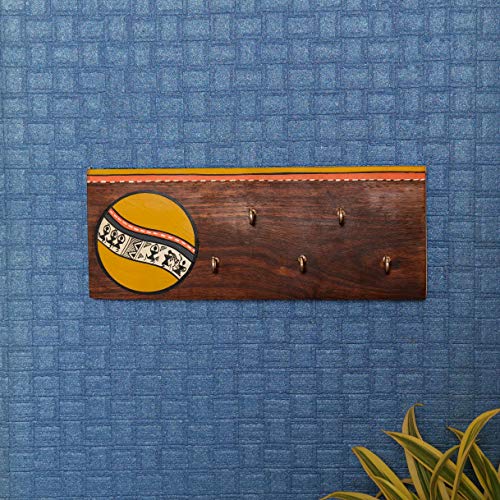 Image of Artysta 5 Hooks 'Cicle of Life' Yellow & White Wooden Key Holder | Wall Stylish Decorative Keychain Holder | Key Hanger for Home Decor | Multi Key Hanger | Eco Friendly Wall Mounted