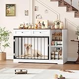 FirFurd Hundekäfig Möbel 120cm breit Hundebox für Zuhause Hundehütte Hundezwinger Hundekäfig aus Metall und Holz Hundebox mit 2 Schubladen 120 x 87 x 60 cm Braun & Weiß
