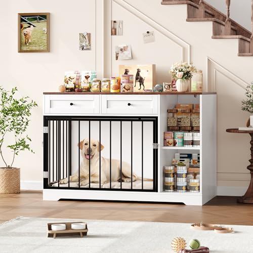 FirFurd Hundekäfig Möbel 120cm breit Hundebox für Zuhause Hundehütte Hundezwinger Hundekäfig aus Metall und Holz Hundebox mit 2 Schubladen 120 x 87 x 60 cm Braun & Weiß