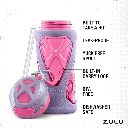 Image of ZULU Torque 2 count 16oz Plastic Kids Water Bottle with Silicone Sleeve & Leak-Proof Locking Flip Lid, Soft Touch Carry Loop for School Backpack, Lunchbox, BPA-Free Dishwasher Safe, Pink (Pack of 6)