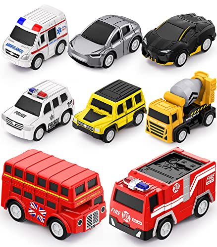 Mini Toys Cars for Toddler, Geyiie Die Cast Fire Truck Toys Small Car Vehicles Pull Push Cars Set School Bus Ambulance Police Cars Playset for Boys Girls 3 4 5 6 Years Old, Party Favor