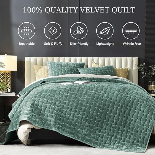 Image of Grassix Velvet Quilt Set Queen Size, Luxury Geometric Design, Aqua Green
