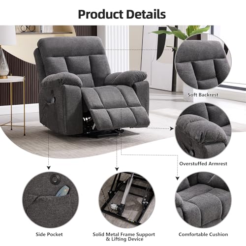 Image of CANMOV Large Power Lift Recliner Chair with Massage and Heat for Elderly Big and Tall People, Overstuffed Wide Recliners with 2 Cup Holders, Side Pocket and USB Port, Dark Grey