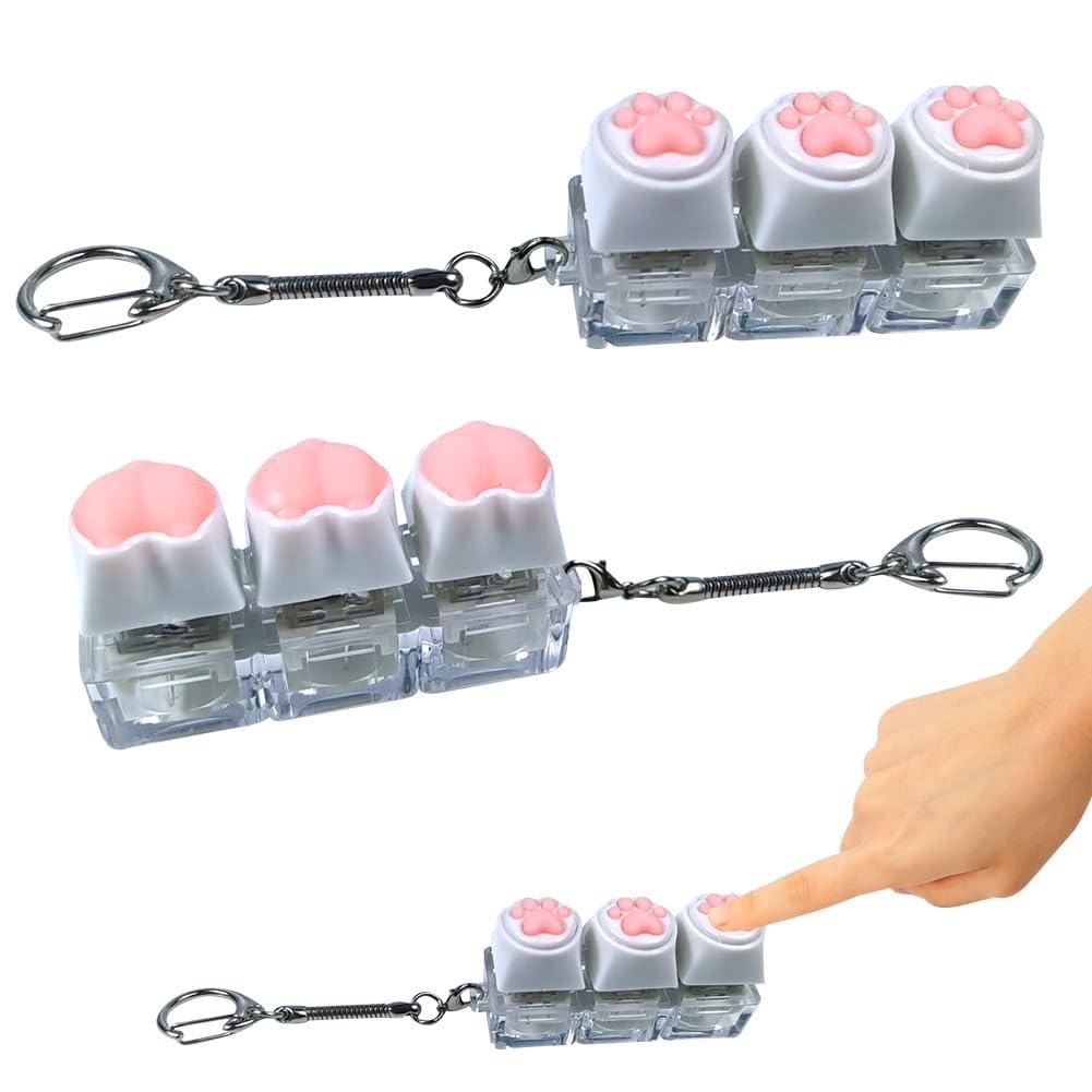 Keyboard Fidget Toy, 3 Button Keyboard Fidget Toy, Funny Cat Paw Design Fidget Keyring with LED Light, Mini Keyboard Fidget Caps Toy Decompression for Kids Adults - 2pcs