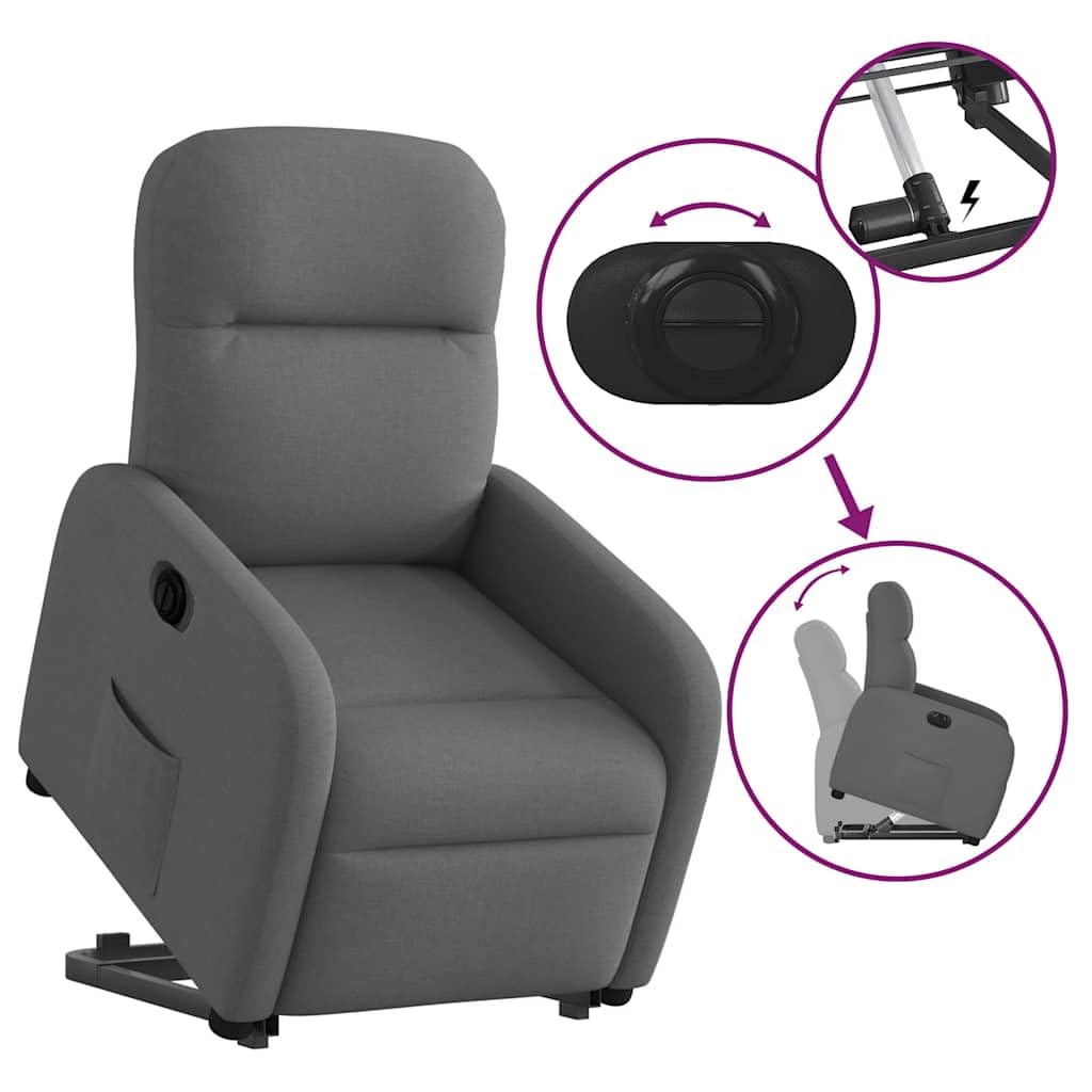 Sillón elevador reclinable eléctrico gris oscuro tejido con motor para elevación e inclinación 135 grados, estructura estable y bolsillo lateral, asiento acolchado