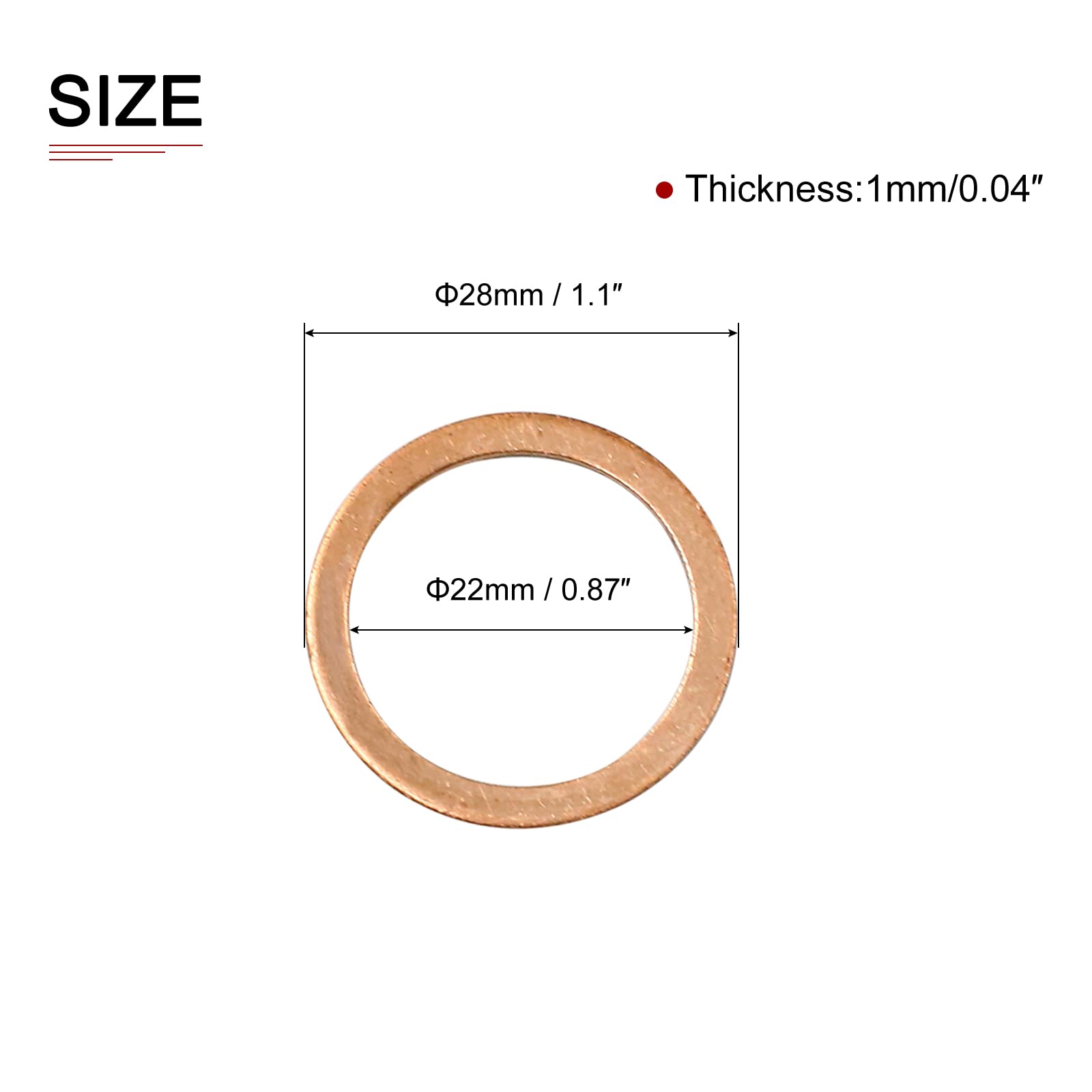 DTGN 22mmx28mmx1mm(IDxODxT) Flat Copper Sealing Washers - 10Pack - Good for Industrial Machinery M22 Screws - Copper Flat Ring Gaskets - Image 2