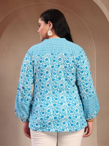 Image of Stylum Women's Plus Size Blue Floral Printed Pure Cotton Top | Plus Size Tops for Women Short Kurti