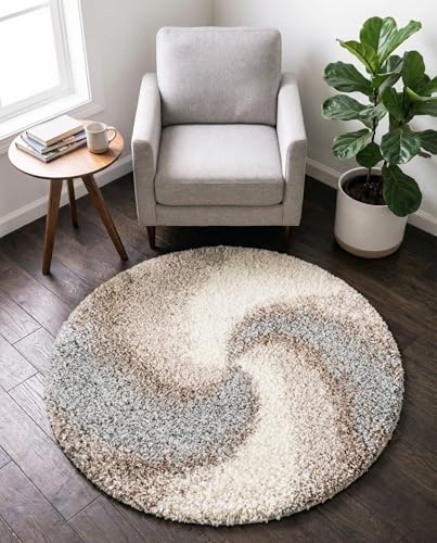 Rugs.com - Soft Touch Shag Rug – 3 Ft Round Khaki Plush Shag Rug – Modern Abstract Accent for Bedrooms, Cozy Reading Nooks, and Nurseries