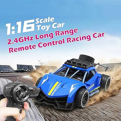 Image of Sidak 1:16 Scale RC Toy Car with Long Range 2.4 Ghz Joystick Remote Control - High Speed Durable Sports Vehicle with Rechargeable Battery - Ideal for Kids & Beginners (Blue)
