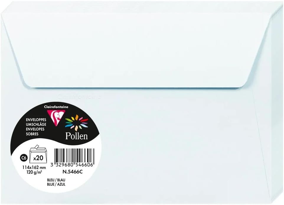 Clairefontaine - Ref 5466C - Pollen Adhesive Envelopes (Pack of 20) - C6 Sized, 120gsm Paper, Printer-Compatible, Acid Free, Adhesive Strip for Easy Seal - Blue