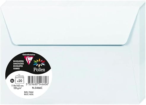 Clairefontaine - Ref 5466C - Pollen Adhesive Envelopes Pack of 20 - C6 Sized, 120gsm Paper, Printer-Compatible, Acid Free, Adhesive Strip for Easy Seal - Blue