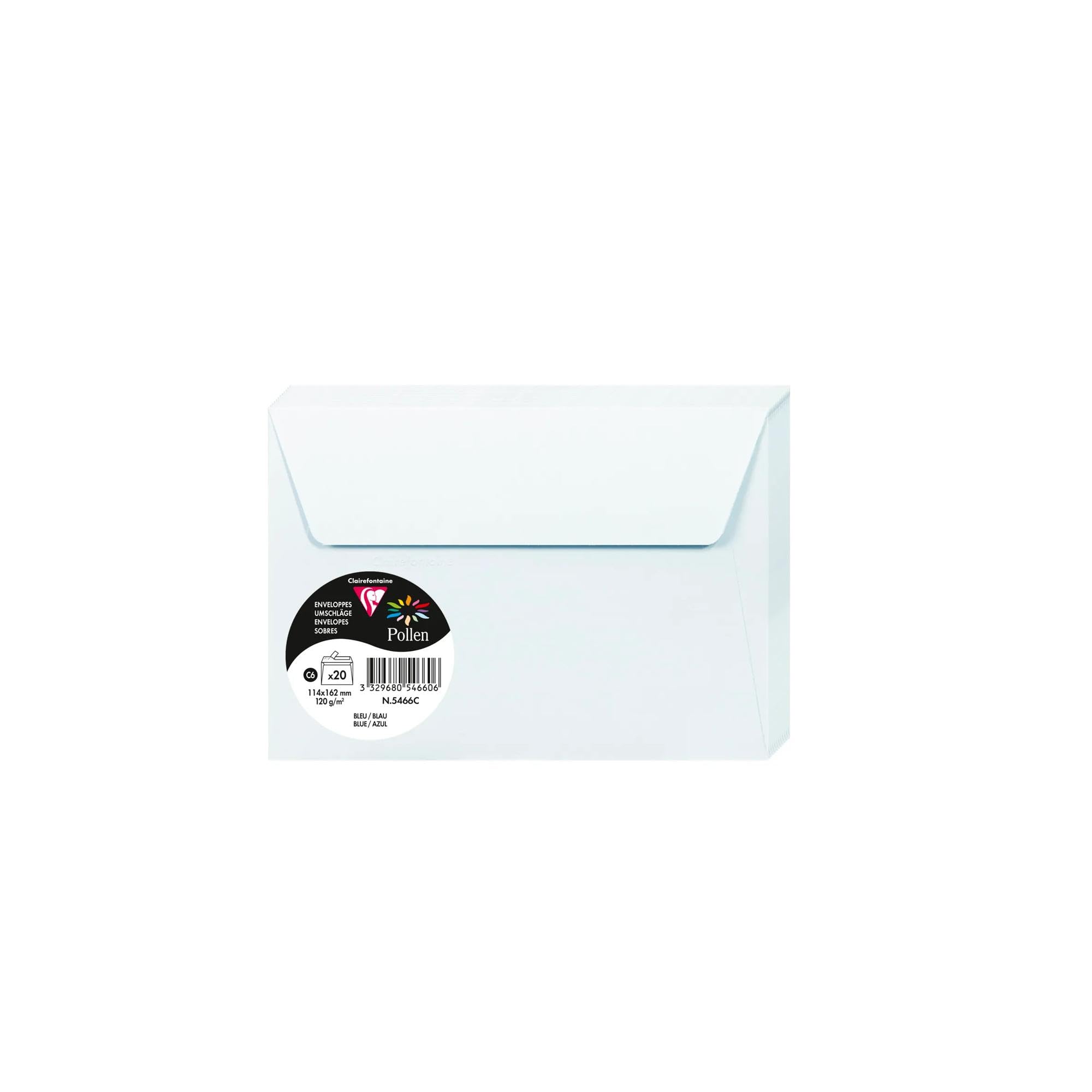 Clairefontaine 5466C Pack of 20 Self-Adhesive Envelopes Format C6 11,4x16,2cm 120gsm Colour Blue Invitation Events Correspondence Pollen Range Premium Paper