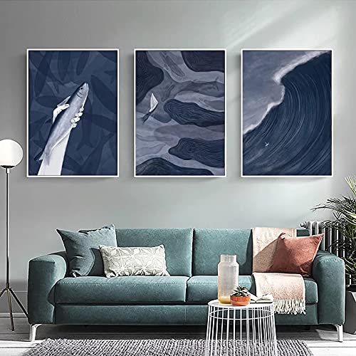 Affiche mer poisson abstrait pour grand mur | Kit 3 toiles modernes 50x70