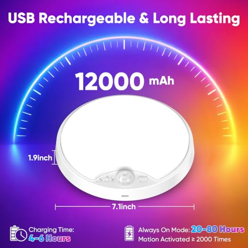 Image of Rechargeable Motion Sensor Ceiling Light, 12000mAh RGB Battery Closet Light