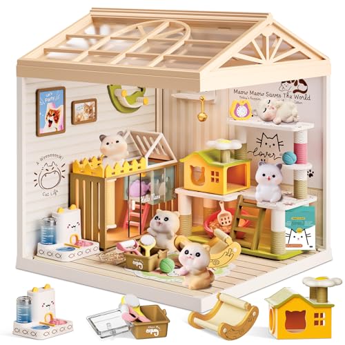 Loyratche DIY Pet Cat Miniature House Kit, Mini Dollhouse with Furniture & LED Light with Roof & Dust Covers Tiny House Toy for Adults